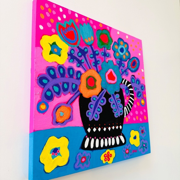 Original Painting Colorful Collectible Flowers 12" x 12" Wood One-of-a-Kind - Picture 2 of 8